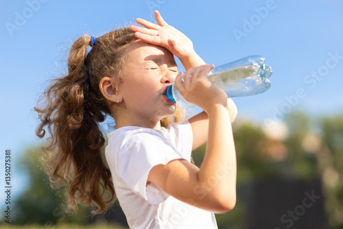 little girl drinking water from bottle in heat. kid suffering from thirst in against blue sky. prevention of dehydration on sunny day. thirsty child drink liquid for hydration, wellness, health