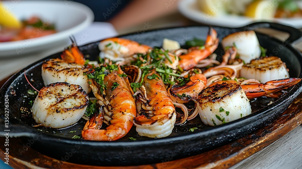A delicious array of grilled seafood, scallops, shrimp, and squid on a black plate A delicious array of grilled seafood, scallops, shrimp, and squid on a black plate