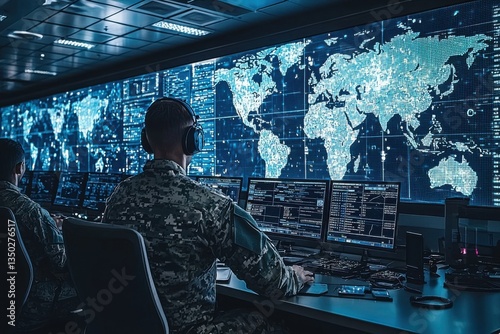 Military personnel monitor global data in a high-tech operations center during evening hours