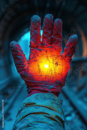 Worker holds glowing object in hand while surrounded by dark tunnel in urban setting at dusk