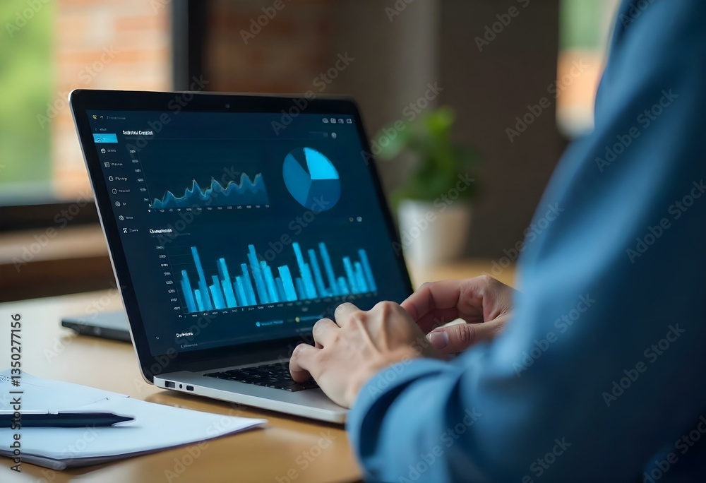 Businessman using laptop computer analyzing sales data and financial growth graph chart report. Business planning, strategy and development. Financial accounting. market research, data analysis Businessman using laptop computer analyzing sales data and financial growth graph chart report. Business planning, strategy and development. Financial accounting. market research, data analysis