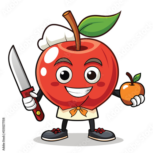 Chef Apple character holding a knife and offering another apple