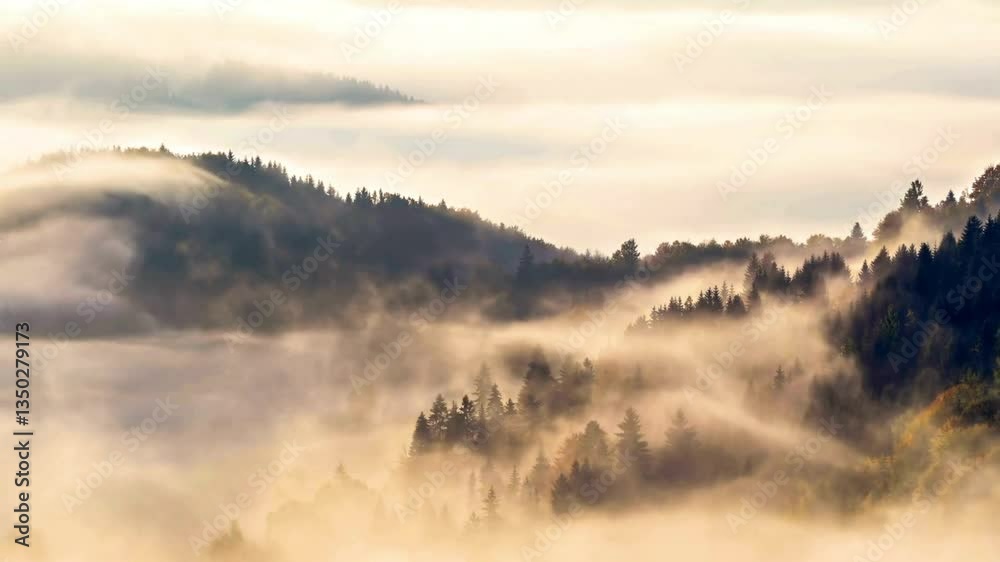Sunrise over foggy mountains with a peaceful lake and trees