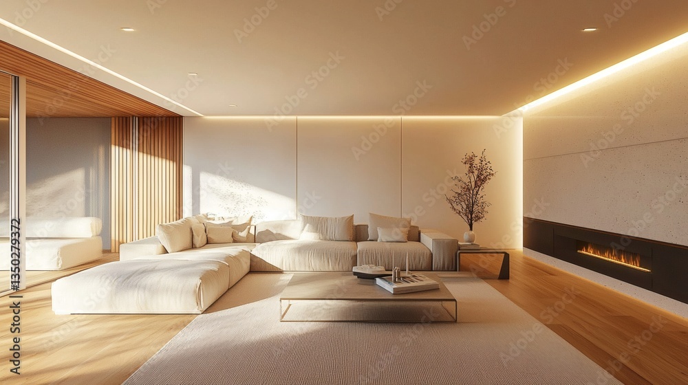 Fototapeta premium Elegant living room with soft recessed lighting and natural sunlight warming the space
