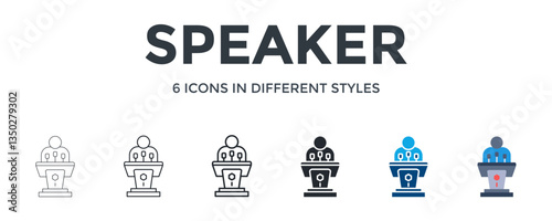 Speaker  Icon In Different Style Vector Illustration. Designed In Thin Line, Regular Line, Bold Line, Glyph, Color Fill, And Flat Style Can Be Used For Web