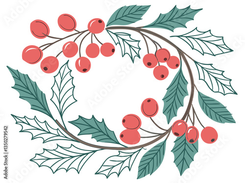 Retro Christmas Wreath Watercolor Artwork on White Background