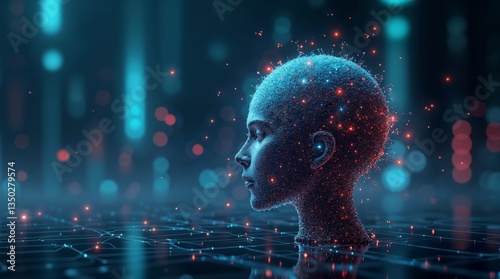 A futuristic AI-generated human head composed of glowing digital particles and circuits, symbolizing artificial intelligence, neural networks, and human-AI integration.