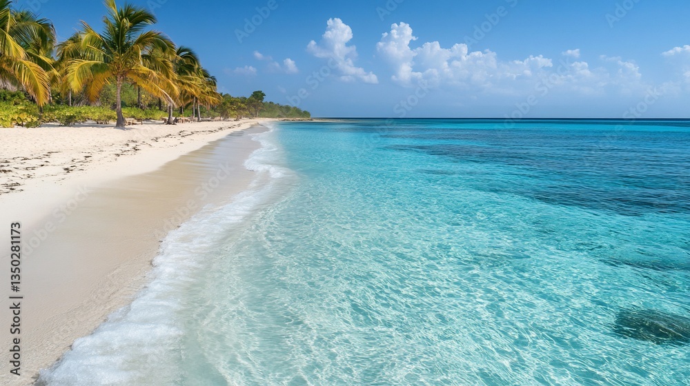 Obraz premium Tropical beach Palms line sandy shore. Crystal ocean meets blue skies background