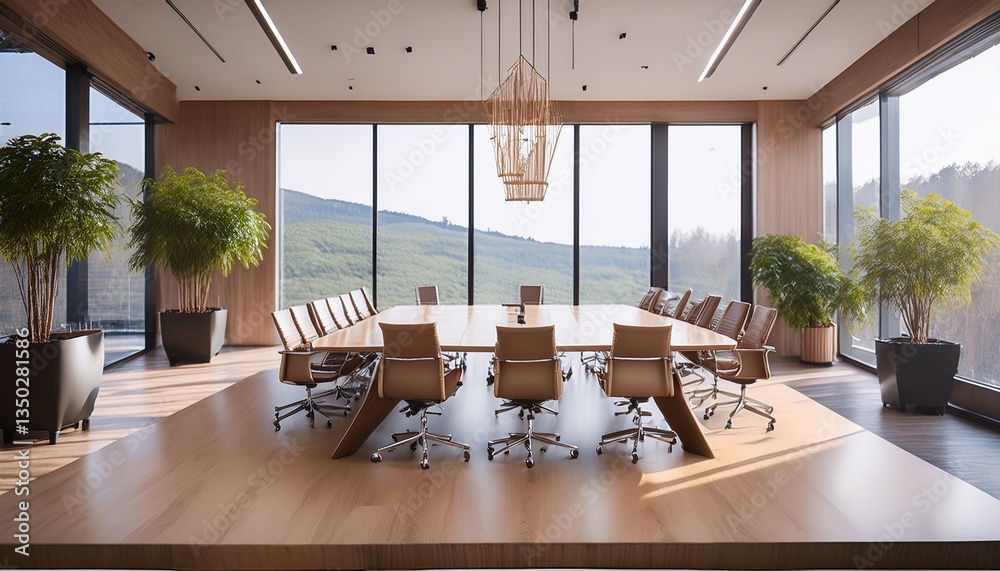 Fototapeta premium A modern conference room featuring a long, matte-finish wooden table surrounded by sleek erg 