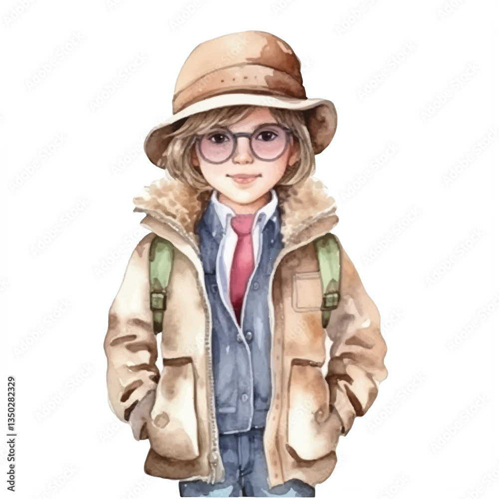 watercolors Cute cool kid wearing jacket and hat watercolors Cute cool kid wearing jacket and hat