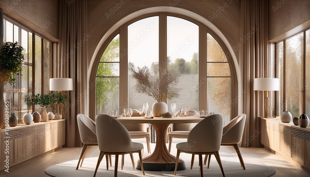 A refined dining space with a round stone-topped table and plush upholstered chairs, with an A refined dining space with a round stone-topped table and plush upholstered chairs, with an