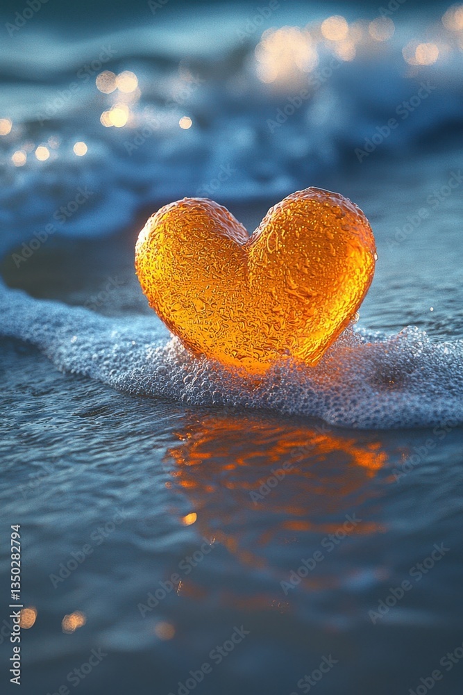 Fototapeta premium Heart-shaped amber stone resting on ocean waves during sunset creates a romantic atmosphere and tranquil setting