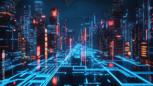 Futuristic city street at night; digital network; vibrant lights; background; stock photo