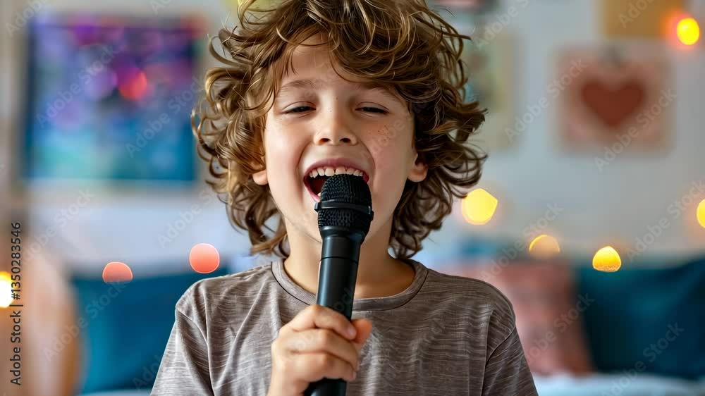 Joyful Young Boy Singing into Microphone