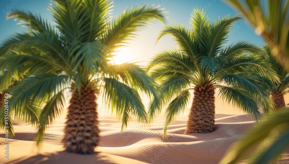 Fototapeta premium Lush green palm trees swaying gently in a sunlit desert scene, creating a tranquil, tropical atmosphere.