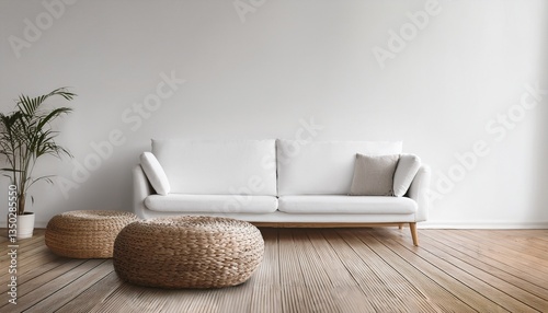 Minimalist interior with a round wicker pouf and a white corner sofa, positioned on a light 