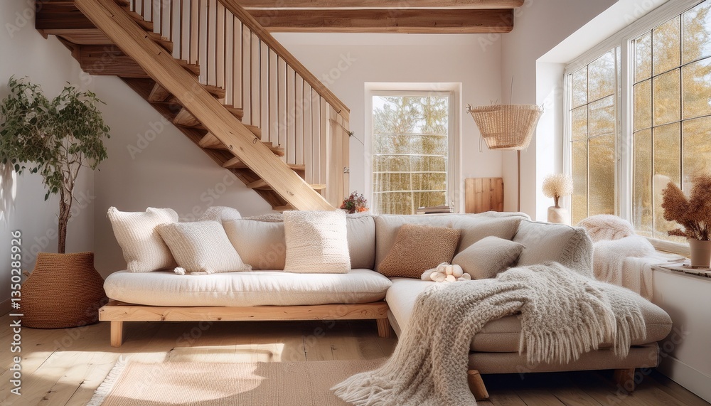 Fototapeta premium Rustic Wooden Stairs in a Bright Living Room – A farmhouse-style living room with light oak
