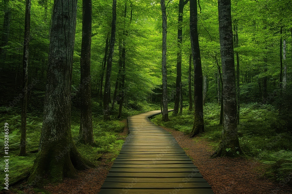 A serene forest path with towering beech trees and a weathered wooden boardwalk under a verdant canopy A serene forest path with towering beech trees and a weathered wooden boardwalk under a verdant canopy