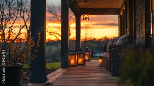 Covered porch with glowing lanterns and natural sunset hues blending in the background
