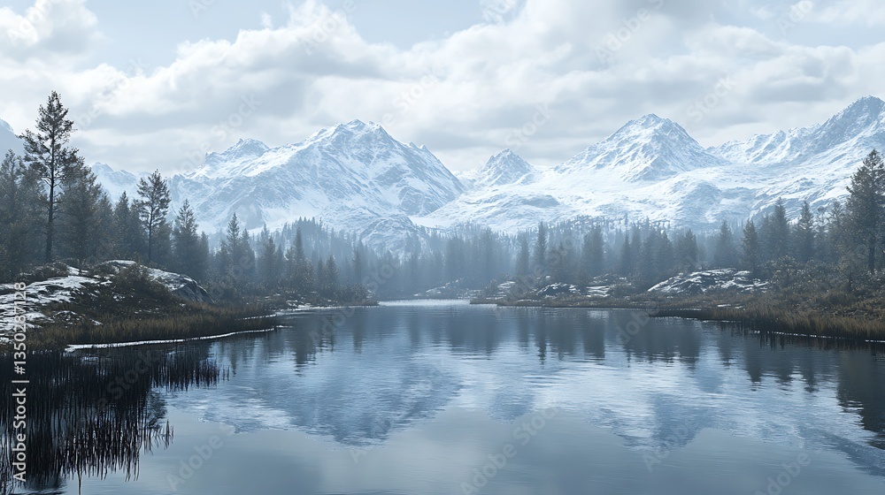 Serene winter landscape snow-capped mountains reflected in a calm lake, surrounded by tranquil evergreen forest. Serene winter landscape snow-capped mountains reflected in a calm lake, surrounded by tranquil evergreen forest.