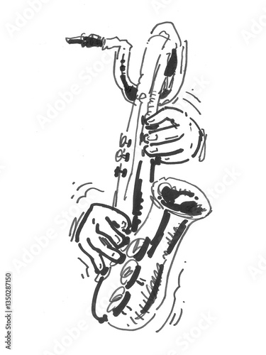 Hand-drawn trumpet player –  Hand-drawn black ink on transparent background