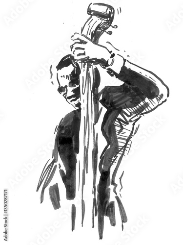 Photography Hand-drawn jazz musician playing upright bass – black ink illustration on transp