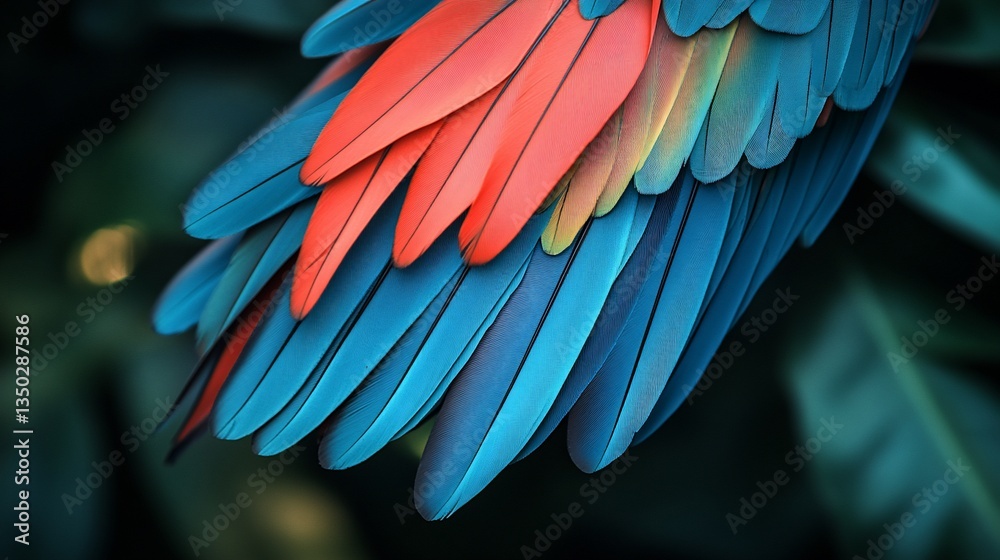 Fototapeta premium Vibrant Macaw Tail Feathers Close-up, Tropical Foliage