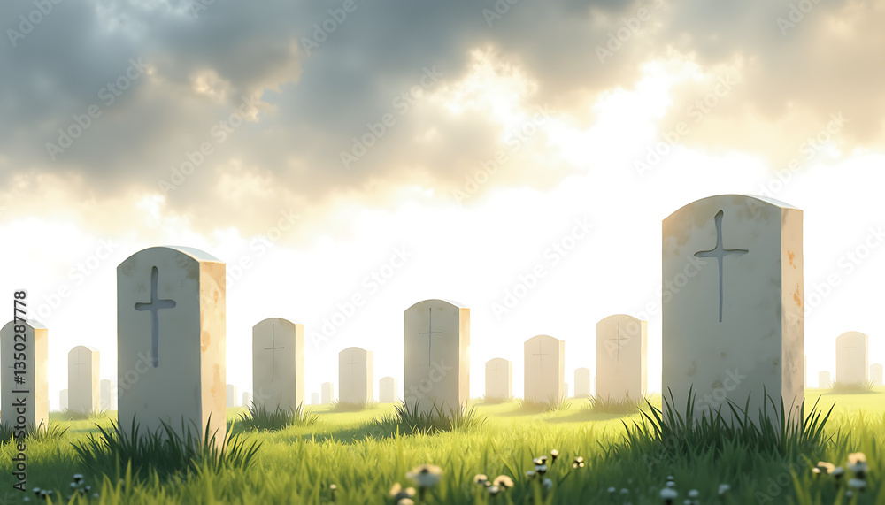 Grave markers in a serene cemetery under cloudy sky Grave markers in a serene cemetery under cloudy sky