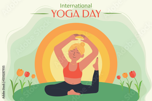 international yoga day, girl doing yoga on grass, sun and flowers in the background