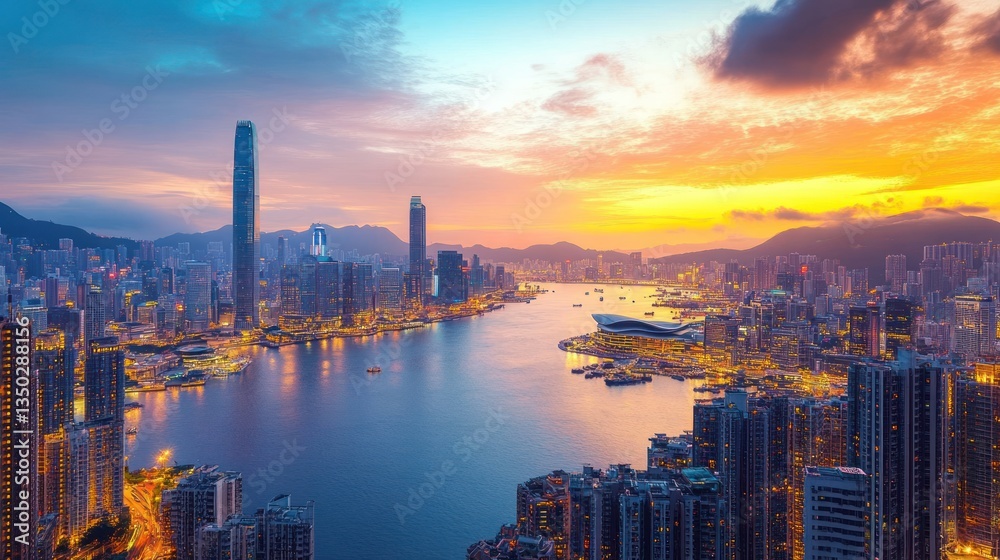 Fototapeta premium Hong Kong Skyline Sunrise Cityscape Aerial View