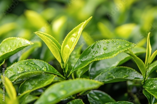 Dewy green tea leaves close-up.