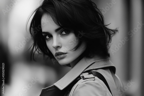 A woman dressed in a trench coat photographed in black and white