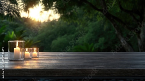 Peaceful candles on wooden table, sunset view