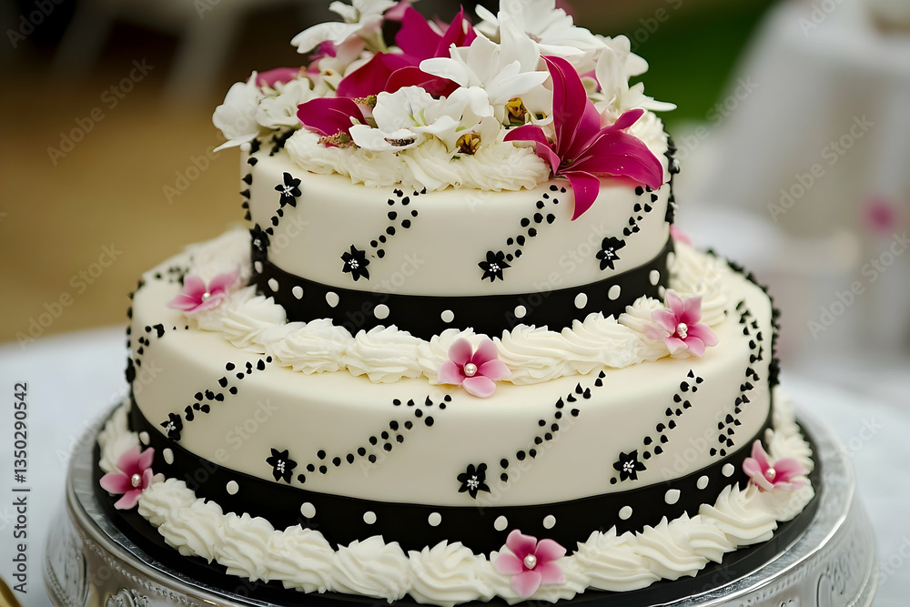 Elegant two-tiered cake decorated with flowers for a special occasion Elegant two-tiered cake decorated with flowers for a special occasion