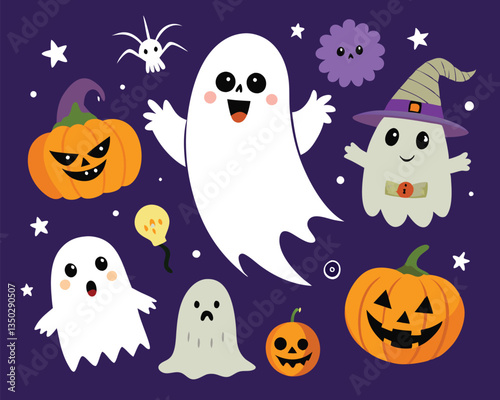 Cute Halloween Ghosts and Pumpkins Illustration