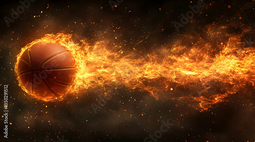 Flaming basketball streaks across dark space