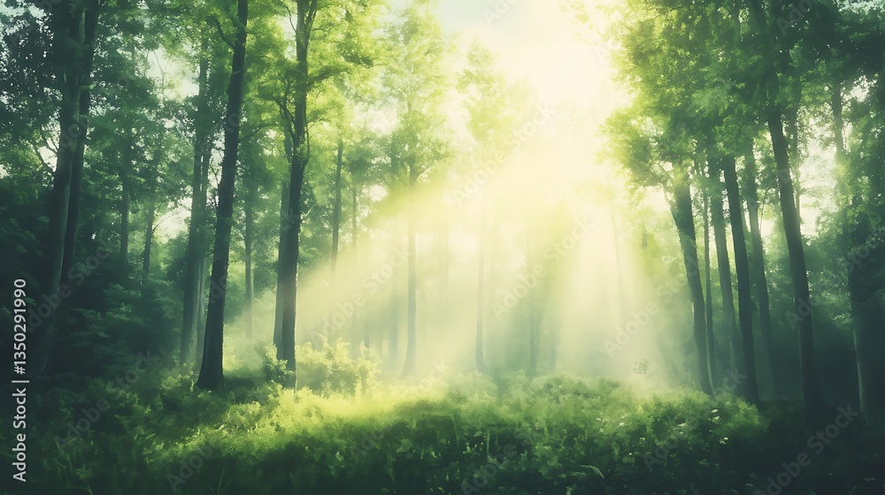 Obraz premium Sunbeams illuminate a misty green forest with tall trees and lush undergrowth.