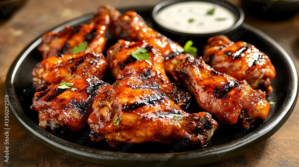 Savory grilled chicken wings with a glossy glaze, accompanied by dipping sauce Savory grilled chicken wings with a glossy glaze, accompanied by dipping sauce