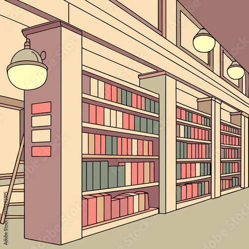 Library shelves with colorful books and reading lights