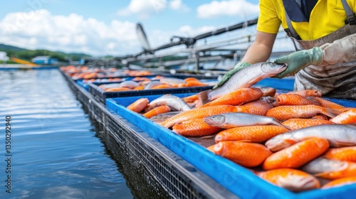 Wallpaper Mural Freshly Harvested Fish at Aquaculture Farm with Worker Handling Vibrant Orange Fish in Clear Water Environment Torontodigital.ca
