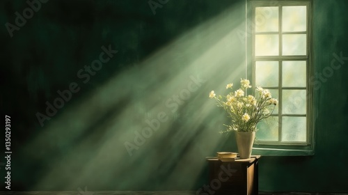 Sunlight streams through window, illuminating a vase of white flowers on a small table