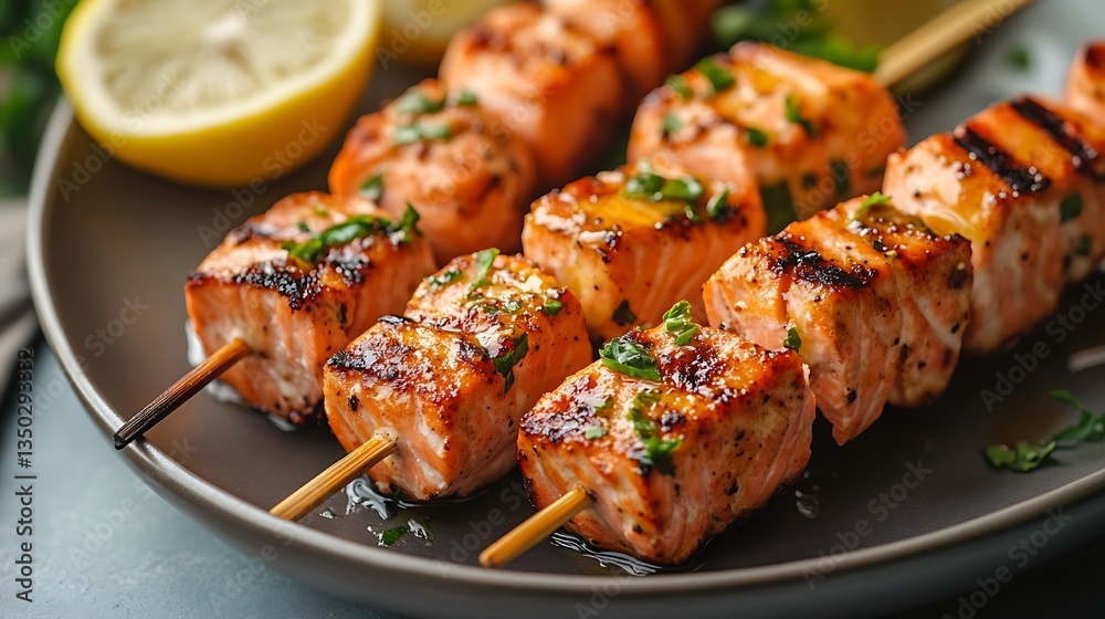 Delicious grilled salmon skewers with lemon slices on a rustic plate Delicious grilled salmon skewers with lemon slices on a rustic plate