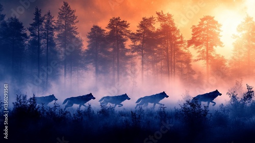 Wolves running through foggy forest under orange sky, silhouettes, dusk scene