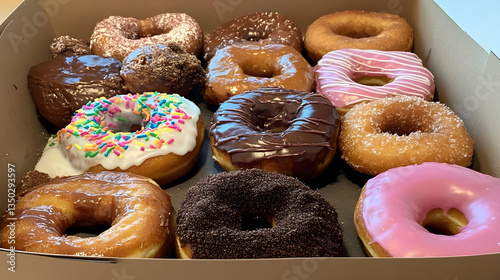 Assorted donuts in box, office setting, breakfast