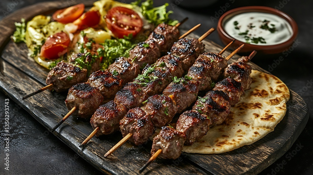 Delicious grilled lamb skewers with fresh salad and flatbread, perfect for a meal Delicious grilled lamb skewers with fresh salad and flatbread, perfect for a meal