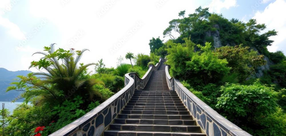 Stone staircase ascending on Mainau Island, lush greenery visible, garden, perspective Stone staircase ascending on Mainau Island, lush greenery visible, garden, perspective
