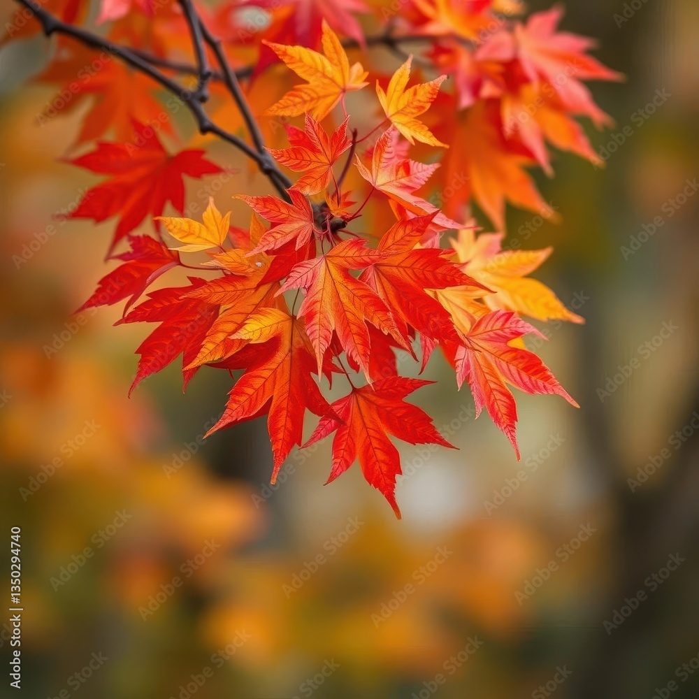 Vibrant red, orange, and yellow maple leaves cluster on a branch against a blurred background, plant, gold Vibrant red, orange, and yellow maple leaves cluster on a branch against a blurred background, plant, gold