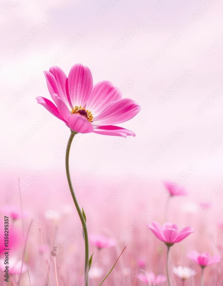A single, surreal pink flower floats in a dreamy, pastel landscape, studio, surreal
