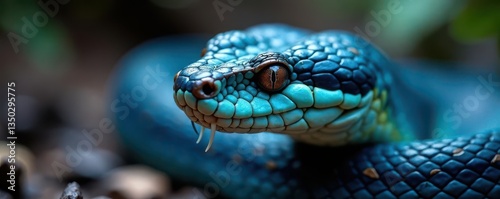 Close-up of a blue insularis pit viper's head and fangs , leaf litter, fangs