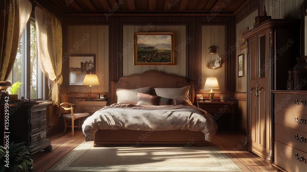 Sunlit rustic bedroom with wooden furniture, large bed, painting, and warm lighting. Sunlit rustic bedroom with wooden furniture, large bed, painting, and warm lighting.
